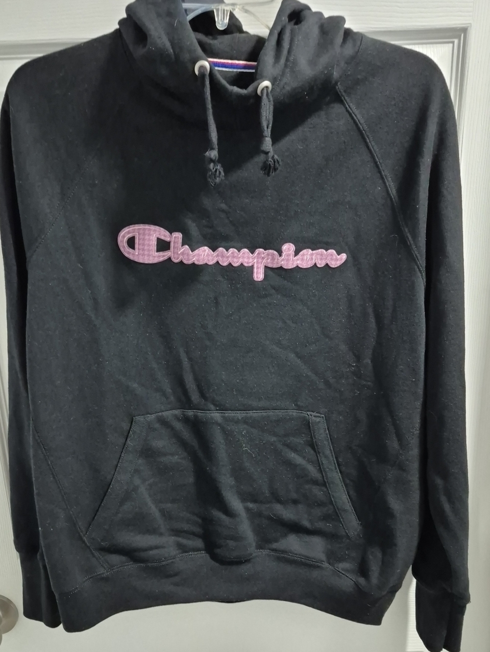 Champion Black Hoodie Sweater with Pink Script Logo